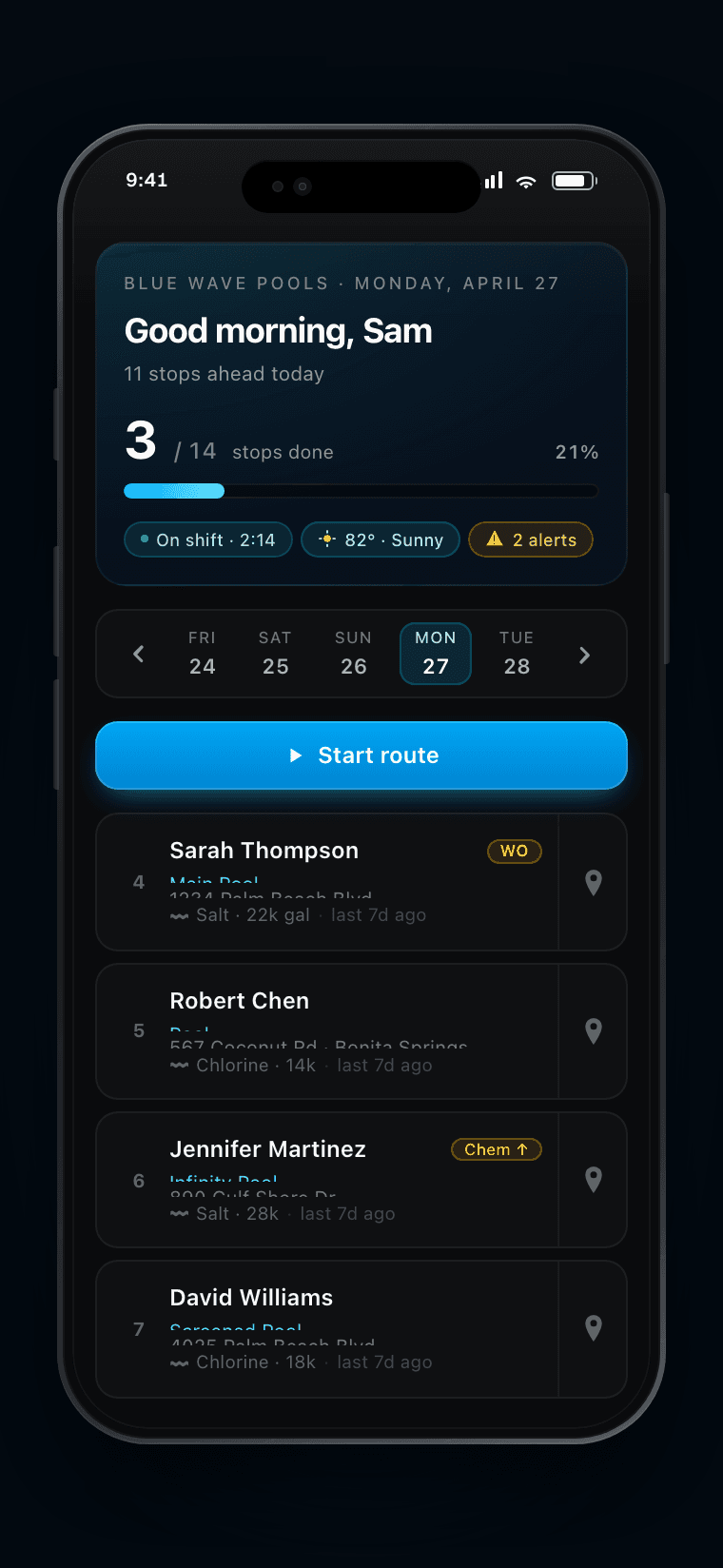 Tech route view on iPhone with stops and chemistry
