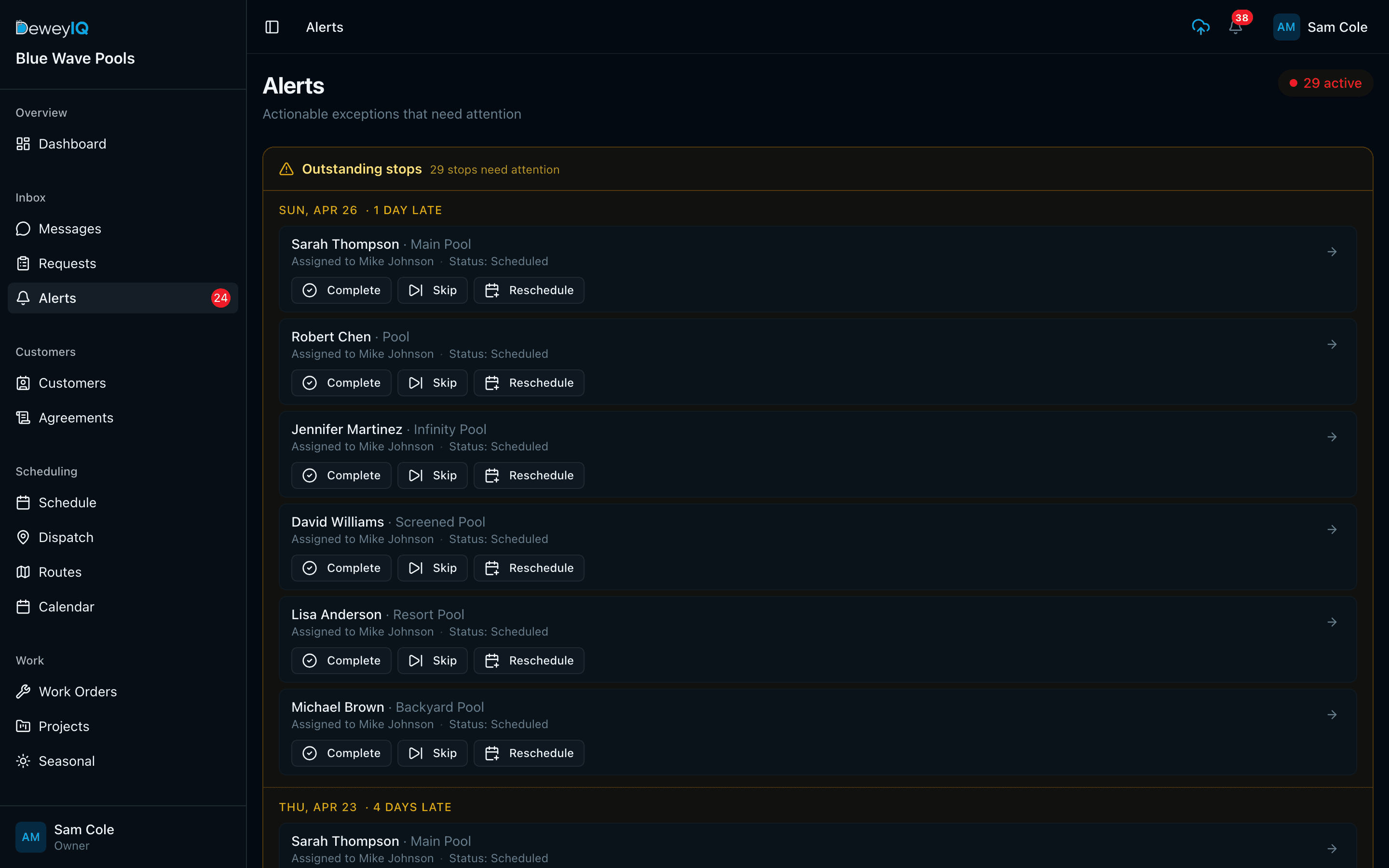 Alerts page with outstanding stops listed by day